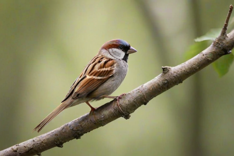 generate an image of a sparrow standing on a branch with a blurred natural background