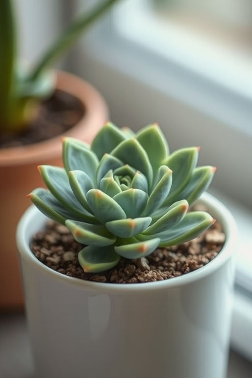 Regenerate the image of a succulent plant in a white pot, use a Canon EOS R5 camera, aperture f/2.8, shutter speed 1/250 sec, ISO 100, macro lens, with a soft focus background to enhance the subject.