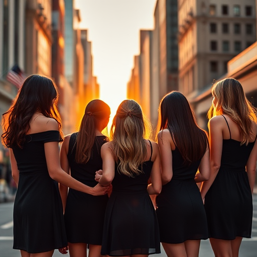 generate an image of a group of young women in black dresses standing in a circle with varying hairstyles, in a vibrant urban setting during golden hour, using a DSLR camera, aperture f/2.8, shutter speed 1/500s, ISO 200, wide-angle lens, high dynamic range for enhanced clarity and detail