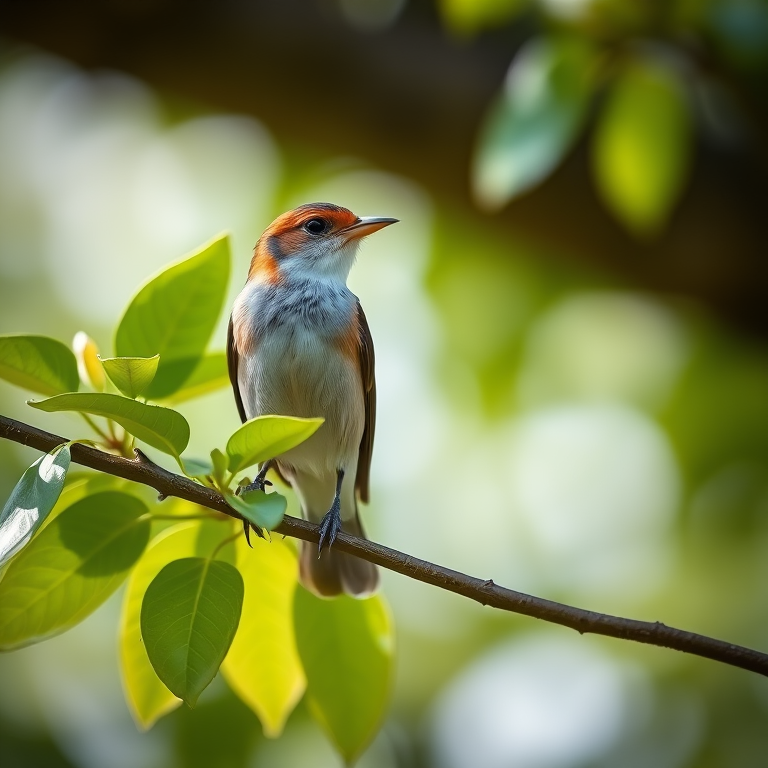Generate an image of a bird perched on a branch with lush green leaves, shot with a Canon EOS 5D Mark IV, 85mm lens, aperture f/4, ISO 200, 1/250 sec, natural light, shallow depth of field for enhanced background blur.