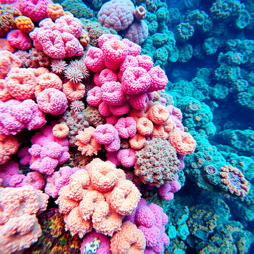Underwater coral reef bursts with vibrant pinks, oranges, and blues in a textured, layered style that mimics the diverse ecosystem of tropical waters