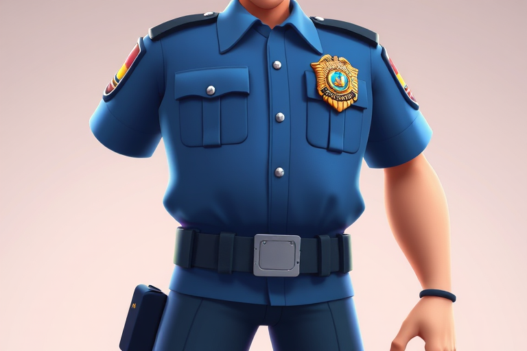 Create a cartoon character of a police officer with a blue uniform and a prominent badge, full body view, vibrant colors, 4K resolution, use a digital art style, and ensure the lighting highlights the character's features.