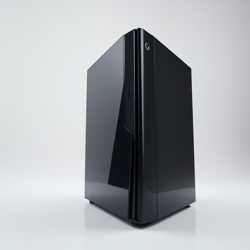 A sleek black computer tower with a slightly reflective surface, captured in a studio setting with soft lighting to highlight its design, using a DSLR camera at f/2.8 aperture, ISO 100, 50mm lens, centered view, and high resolution for clarity.
