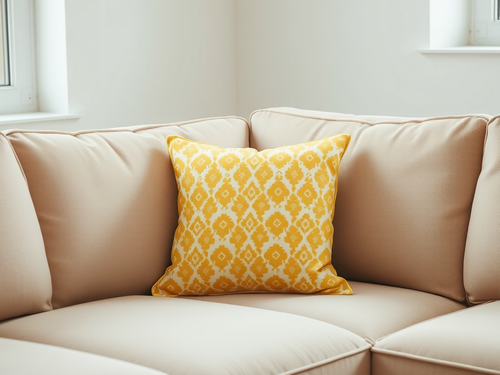 Regenerate the image of a beige couch with a patterned yellow pillow, using a DSLR camera with an aperture of f/2.8, shutter speed of 1/60s, ISO 100, 50mm lens, and soft natural lighting from a nearby window for enhanced detail and texture.