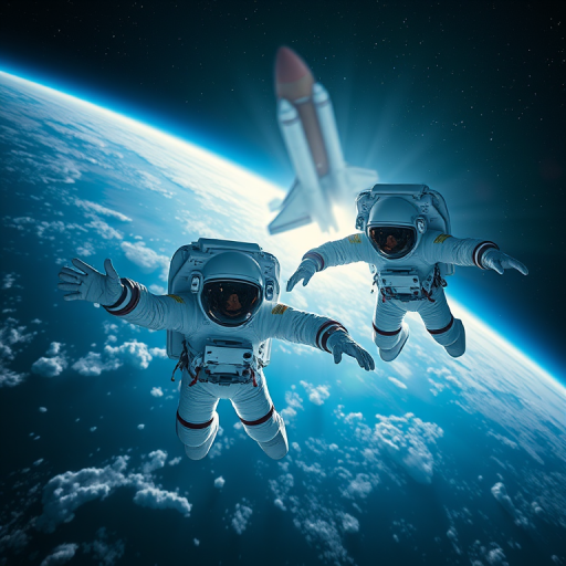 Create a high-resolution image of two astronauts floating in space, one reaching out with a detailed space shuttle in the background, using a DSLR camera, 50mm lens, f/2.8 aperture, ISO 100, 1/250s shutter speed, with a wide-angle view for depth and clarity.
