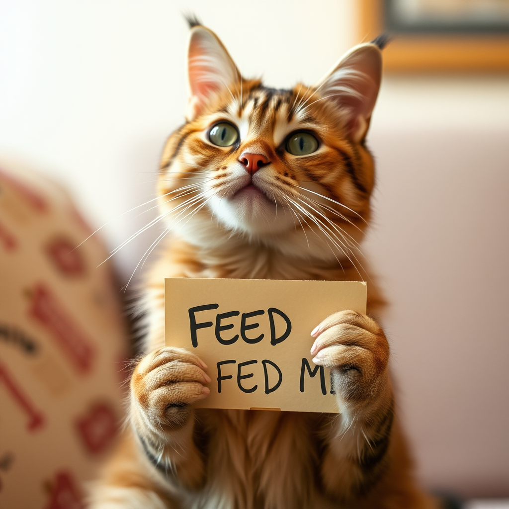 cat holding a note which says "FEED ME"