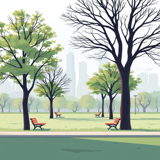 Create a vector-style illustration of a tranquil park scene with minimalistic trees and benches, featuring a skyline in the background, captured with a 50mm lens at f/8, using a digital illustration technique to enhance clarity and color vibrancy.