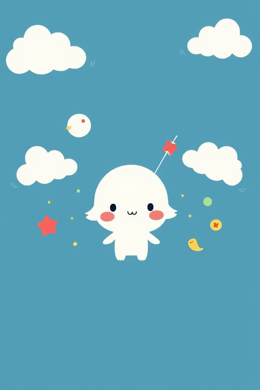 Create a minimalistic illustration of a whimsical cartoon character with fluffy clouds and playful elements on a deep blue background, using a DSLR camera with a 50mm lens, aperture set to f/2.8, ISO 100, and a soft focus effect.