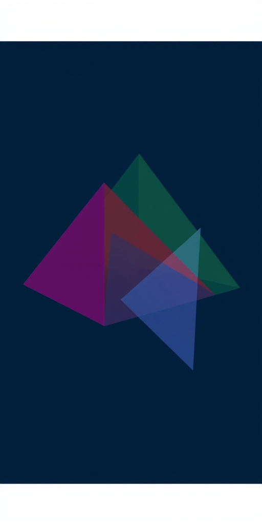 create a minimalist vector art image of colorful overlapping triangles in a gradient style against a dark blue background, high resolution, 50mm lens, f/5.6 aperture, ISO 100, top-down view, digital camera