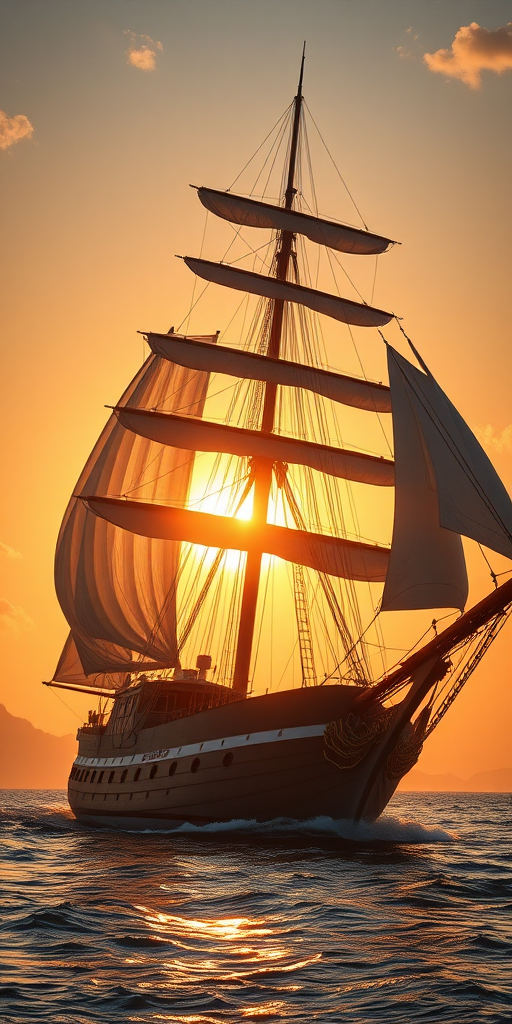 Create a high-resolution illustration of a majestic sailing ship with detailed rigging and sails, captured in sunlight using a Canon EOS R5, 24mm lens, f/8 aperture, ISO 100, at sunset with a slight zoom for a dynamic view.