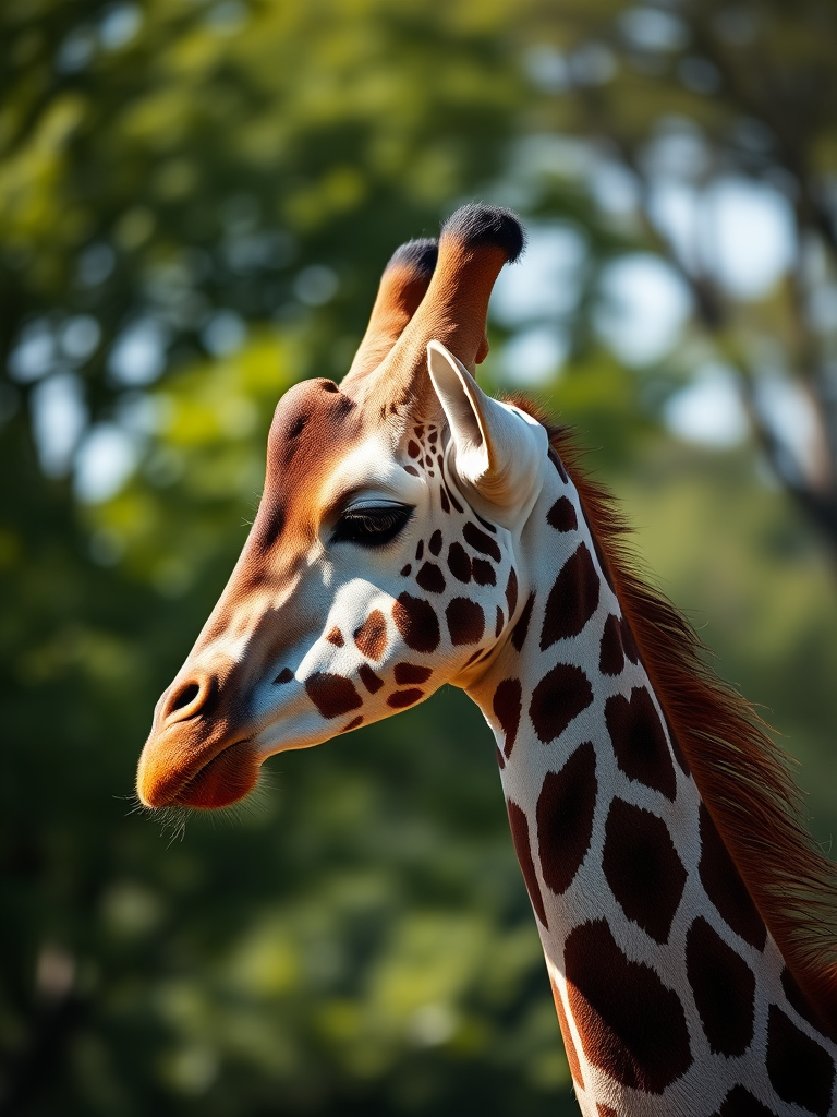 Regenerate an image of a giraffe in profile view with a DSLR camera, 85mm lens, aperture f/1.8, ISO 200, shooting in natural light for enhanced detail and softness in the background.