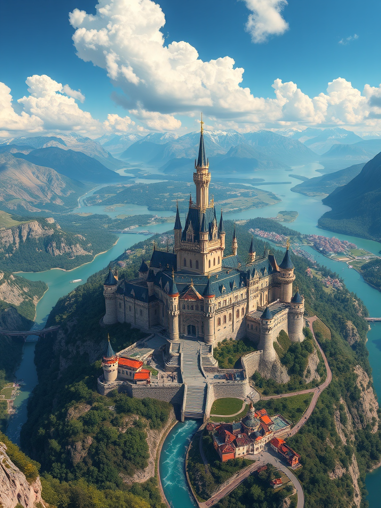 highly detailed illustration of a grand castle city surrounded by mountains and rivers, captured with a Canon EOS R5, 24mm lens, f/8 aperture, ISO 100, 1/200s exposure, aerial view for a majestic perspective, vibrant colors and intricate architecture