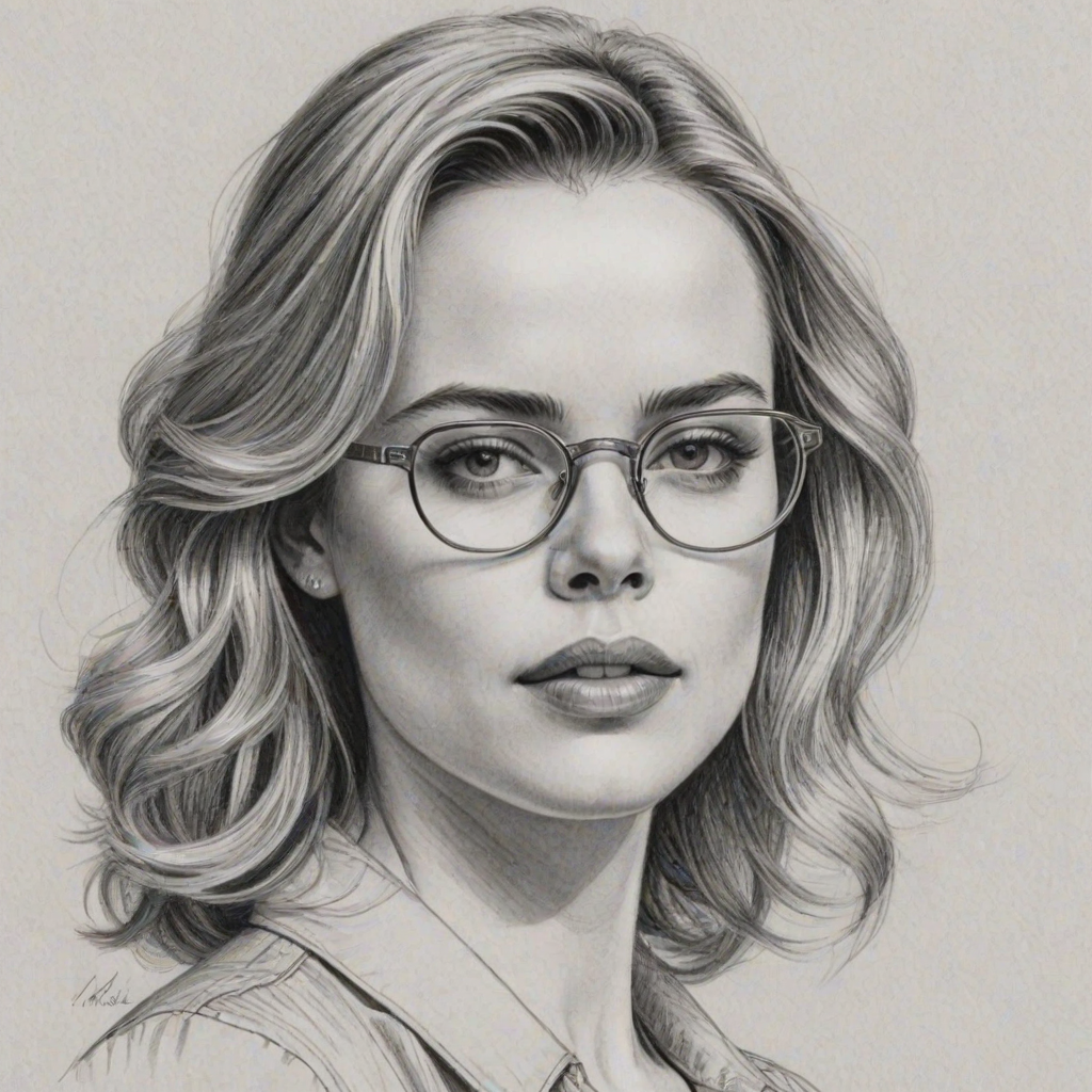 Elegant Melissa George, pencil sketch, portrait of Lovely woman 1980s in glasses, hair style beatnik, outline, clear lines, fine lines, 8k