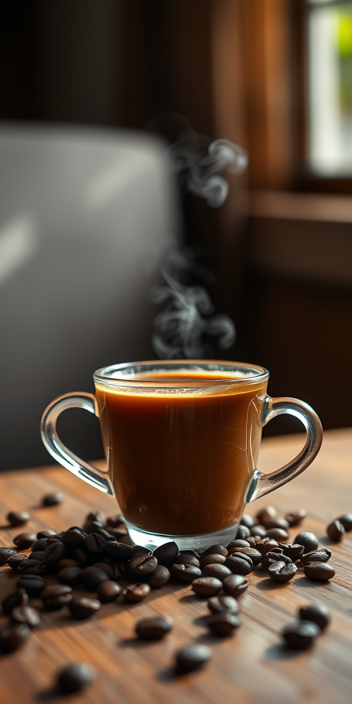 A beautifully presented cup of coffee with steam rising, placed on a wooden table with coffee beans scattered around, soft natural light coming from a nearby window, shot with a DSLR camera at f/1.8, ISO 100, 50mm lens, shallow depth of field for a blurred background effect.