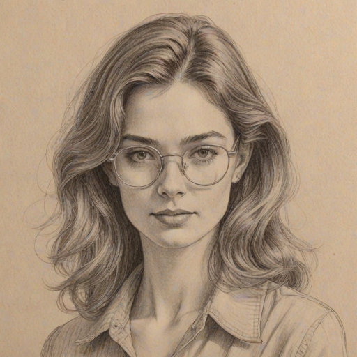 Charming Annie Murphy, pencil sketch, portrait of Delightful woman 1971s in glasses, hair style beatnik, outline, clear lines, fine lines, 8k