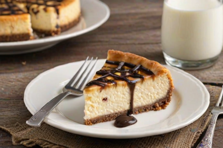 Create an image of a slice of cheesecake with a decorative lattice topping, placed on a white plate with a fork beside it. The cheesecake should have a rich, creamy texture with chocolate chip pieces. In the background, include a small glass bottle of milk. The setting should be warm and inviting, with a rustic wooden table.