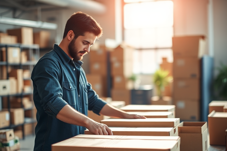 regenerate an image of a person packing boxes in a modern workspace with bright natural light, shallow depth of field, Canon EOS R6, 50mm lens, f/2.8, ISO 100, 1/200s, soft focus on the background for enhanced clarity.
