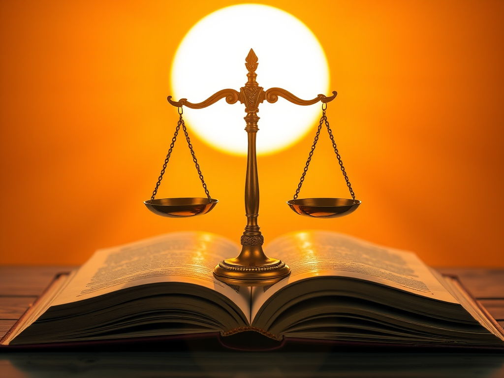 Create a vibrant image of a golden scales of justice placed on an open book, with a large luminous sun in the background, using a DSLR camera with a 50mm lens, aperture f/1.8, ISO 100, and a warm color filter for enhanced depth and clarity.