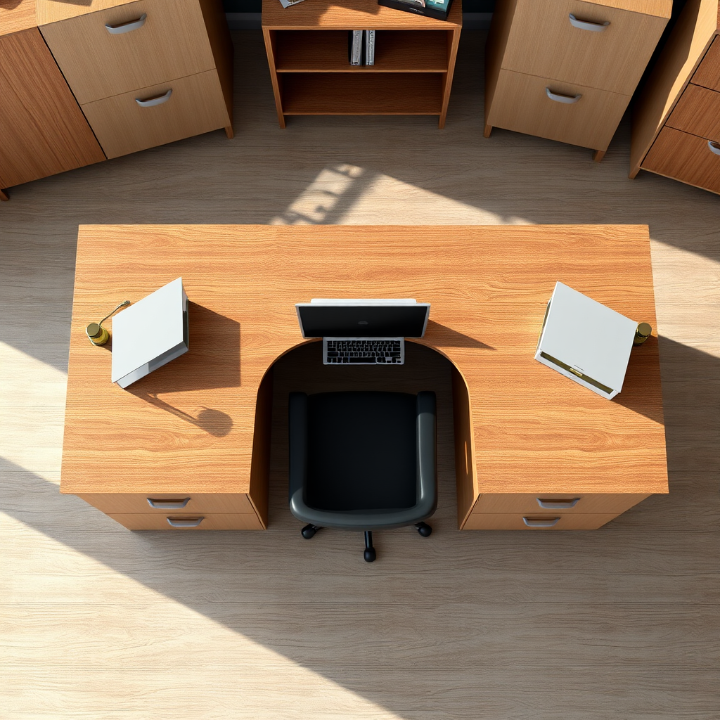 Create a highly detailed 3D render of a modern office desk with two filing cabinets on each side, top-down view, using a DSLR camera set to f/8 aperture, ISO 100, shutter speed 1/60 sec, in natural lighting, focusing on the texture and finish of the wood and metal components.