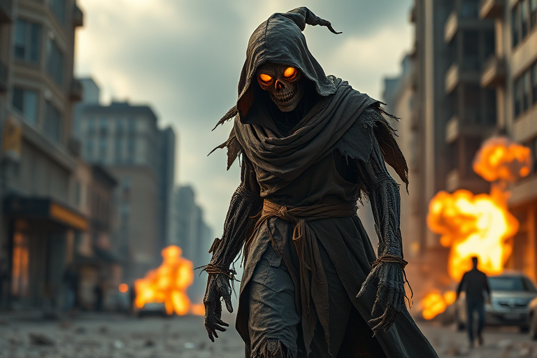 Create a high-resolution image of a scarecrow character in a tattered cloak, glowing yellow eyes, walking through a dystopian urban setting with explosions in the background, using a Canon EOS R5 camera, f/2.8 aperture, 50mm lens, ISO 100, shot from a low angle perspective to emphasize the character's imposing stature.