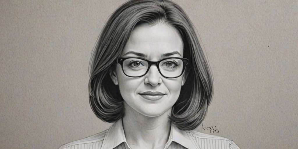 Charming Sheryl Sandberg, pencil sketch, portrait of Gorgeous woman 1973s in glasses, hair style beatnik, outline, clear lines, fine lines, 8k