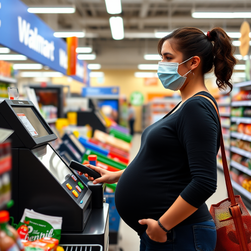 young pregnant woman as a walmart cashier ringing up someone's groceries she works there. shes wearing a surgical mask