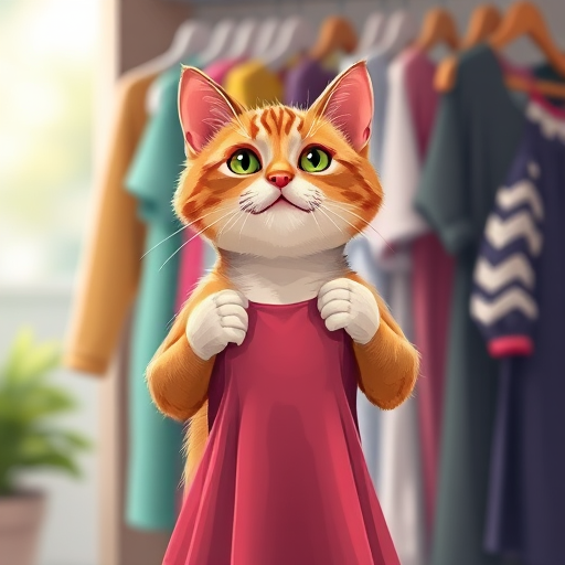 illustration of a cat holding a dress in front of a clothes rack with various outfits, soft focus, natural lighting, 50mm lens, aperture f/2.8, DSLR camera, high-resolution vector style