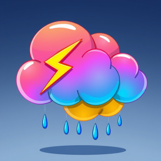A stylized cartoon cloud with a lightning bolt and raindrops, vibrant colors, high resolution, high dynamic range, ISO 100, f/5.6 aperture, 50mm lens, shot from a slightly low angle to emphasize the cloud's shape, sharp focus.