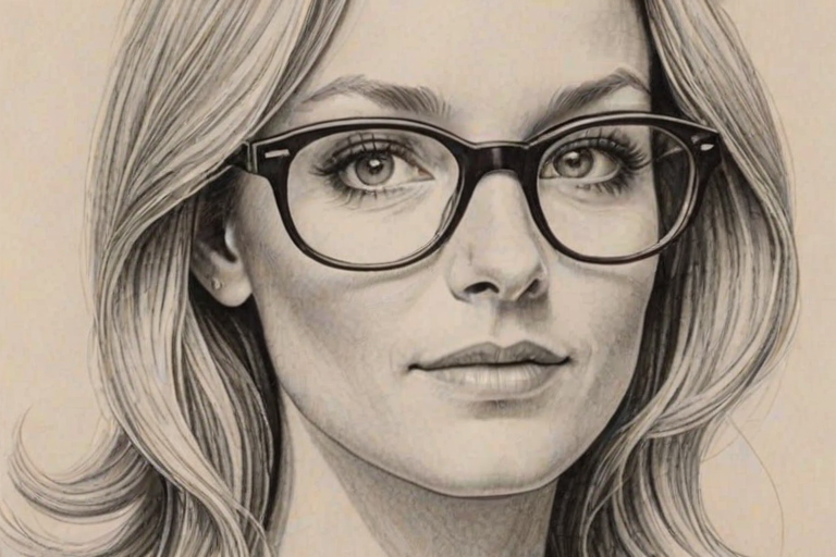 Ravishing Joanne Froggatt, pencil sketch, portrait of Delightful woman 1970s in glasses, hair style beatnik, outline, clear lines, fine lines, 8k