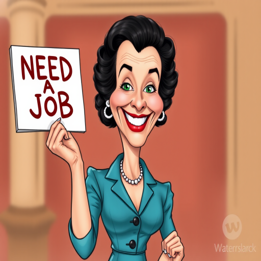 caricature of a smiling Vivien Leigh in a Cerulean dress or suit, holding up a sign that says "NEED A JOB", no watermark,