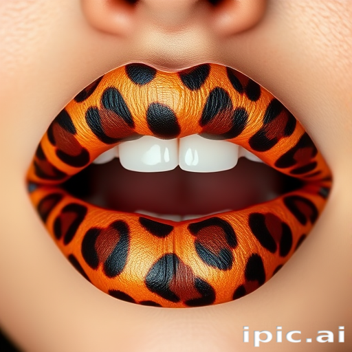 Fierce leopard print lips feature a bold animal pattern in warm golden and chocolate tones, making a statement with their unique and daring design