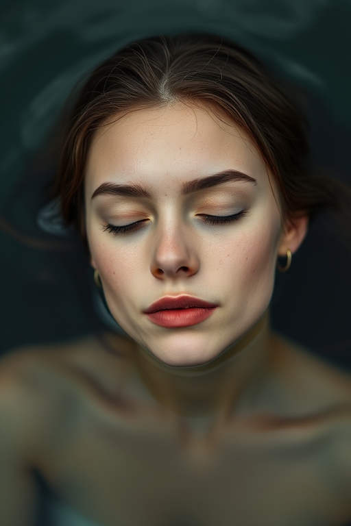 portrait of a serene young woman with eyes closed, submerged in calm water, soft natural light, shallow depth of field, taken with a Canon EOS R5, 85mm lens, aperture f/1.8, ISO 100, shutter speed 1/200 sec, slightly overcast day for soft diffused light