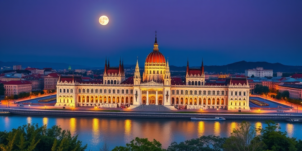 Regenerate a vibrant, high-resolution aerial view of the Budapest Parliament building at twilight with a full moon illuminating the scene, using a Canon EOS R5 with a 24mm f/1.4 lens, at ISO 200, shutter speed 1/125 sec, capture in landscape mode for enhanced detail and color depth.