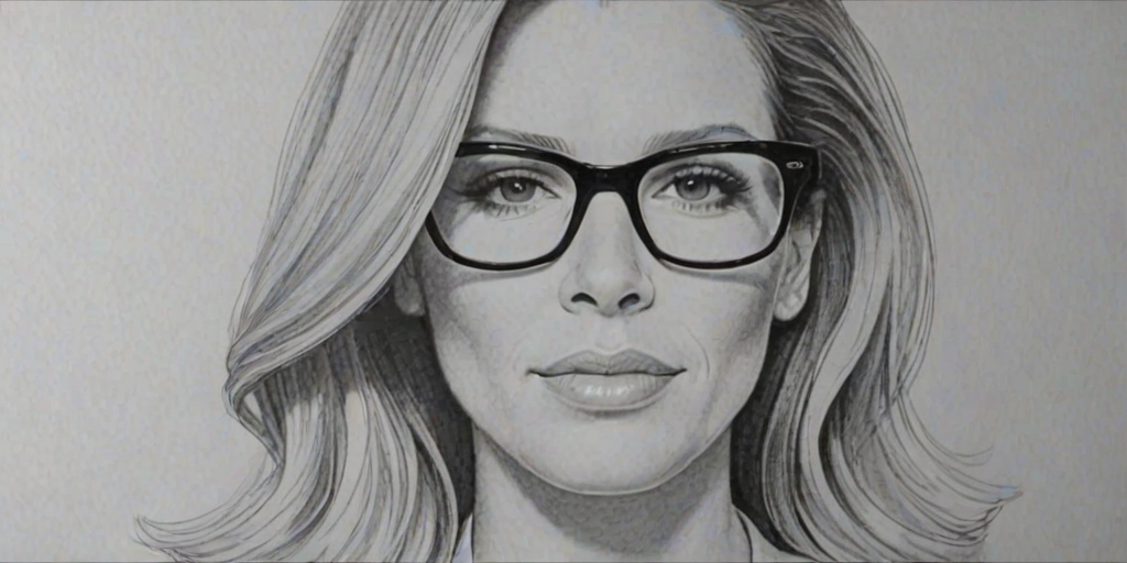 Superb Poppy Montgomery, pencil sketch, portrait of Splendid woman 1957s in glasses, hair style beatnik, outline, clear lines, fine lines, 8k
