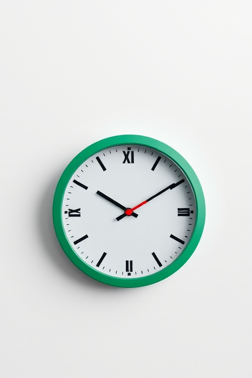 Create a high-resolution image of a simple clock with a green circular frame, showing black hour and minute hands and a red second hand, on a plain white background, using a DSLR camera, 50mm lens, f/2.8 aperture, ISO 100, and a soft diffused lighting setup.