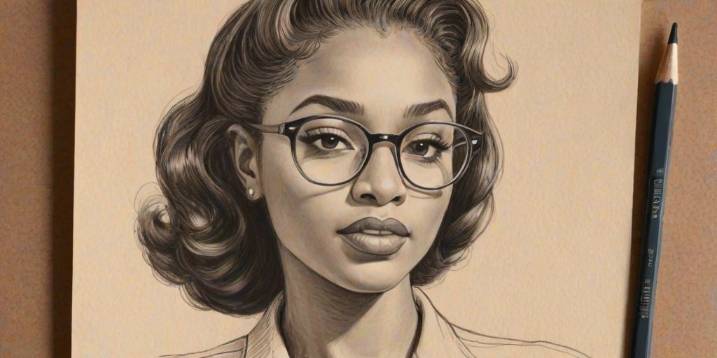 Comely Normani, pencil sketch, portrait of Stunning woman 1942s in glasses, hair style beatnik, outline, clear lines, fine lines, 8k