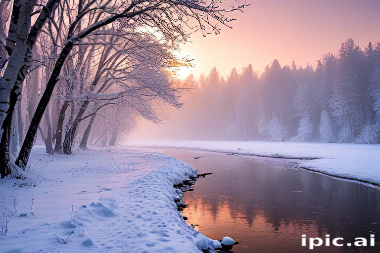 Serene Winter Landscape with Snow-Covered Trees and Calm River Reflection