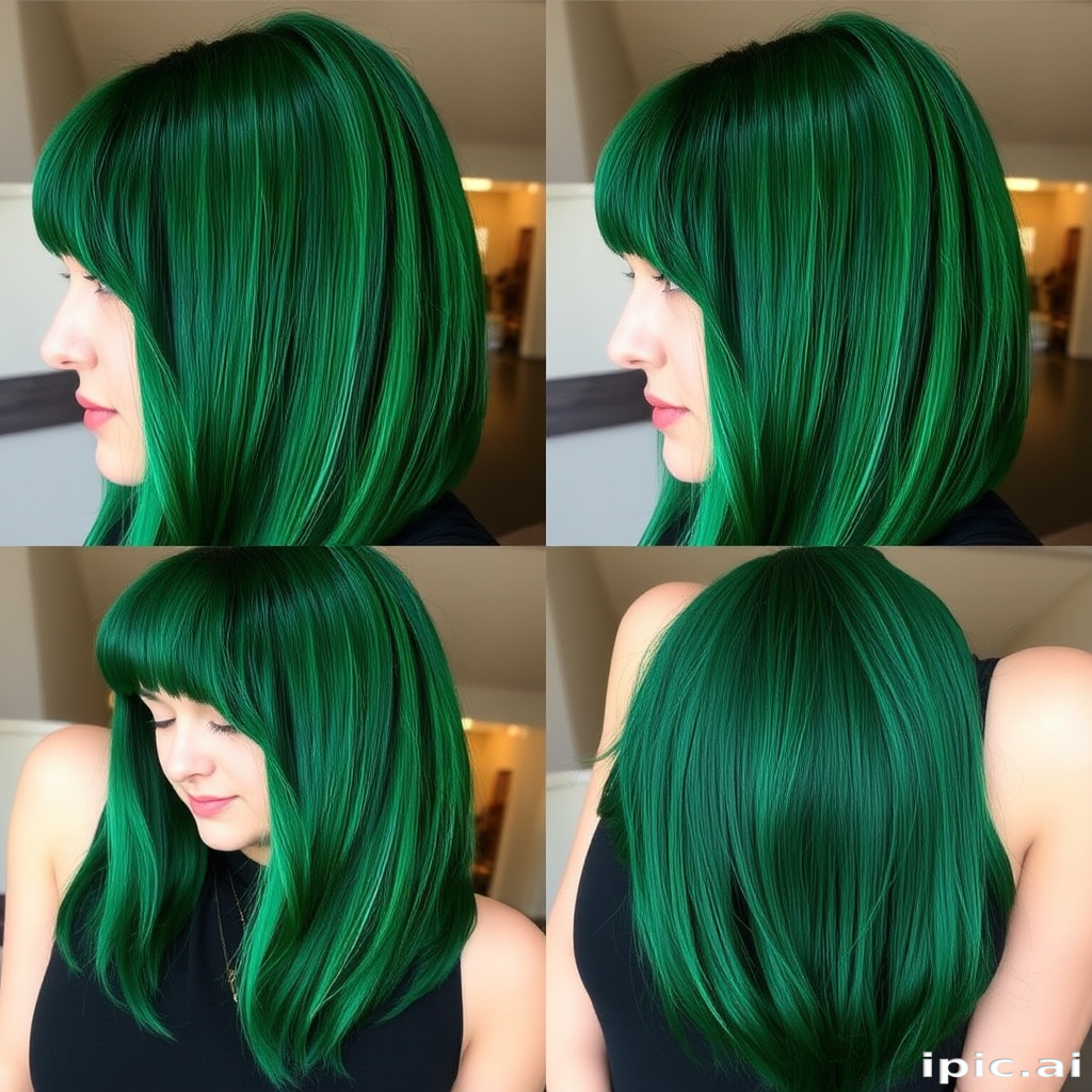 Lush forest green tresses styled in a sleek, chin-length bob with blunt bangs and subtle emerald undertones, showcasing the nature-inspired "Evergreen Chic" look
