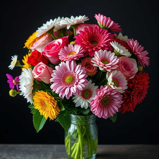 A vibrant bouquet of mixed flowers including roses, daisies, and chrysanthemums in a glass vase, against a dark background, shallow depth of field, soft natural lighting, DSLR camera, 50mm lens, f/1.8, ISO 100, 1/125s.