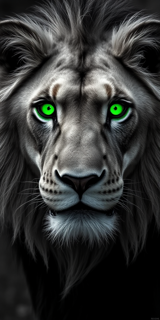 High-contrast monochrome image of a lion with glowing green eyes, captured with a Canon EOS 5D Mark IV, ISO 100, f/2.8, 85mm lens, 1/200 sec, in a portrait view with soft focus background for enhanced detail.