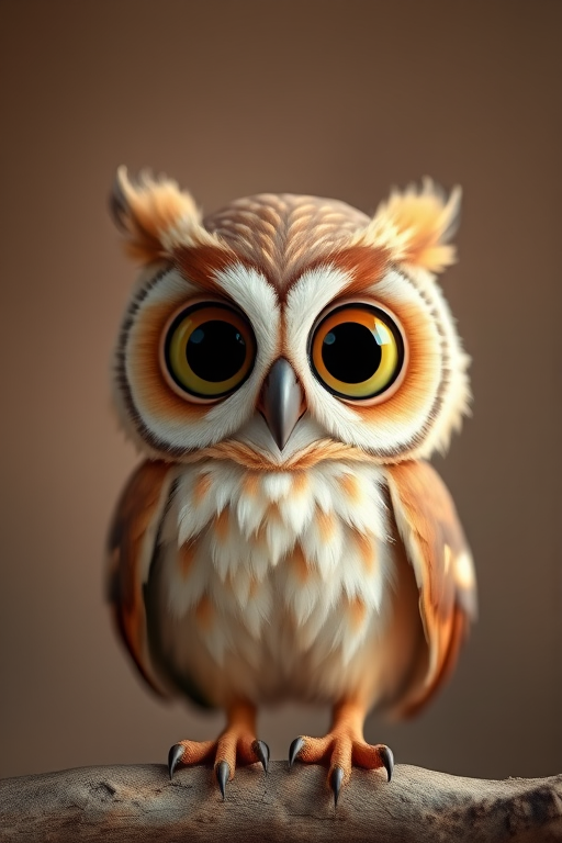 Create a cute cartoon owl with large expressive eyes, soft feather texture, and a warm color palette in a minimalist background, captured with a Canon EOS R5 at f/2.8, ISO 100, 50mm lens, with a shallow depth of field to enhance details and create a soft bokeh effect.
