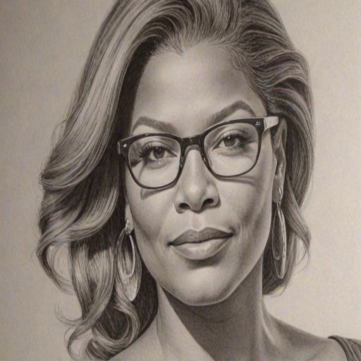 Resplendent Queen Latifah, pencil sketch, portrait of Ravishing woman 1967s in glasses, hair style beatnik, outline, clear lines, fine lines, 8k