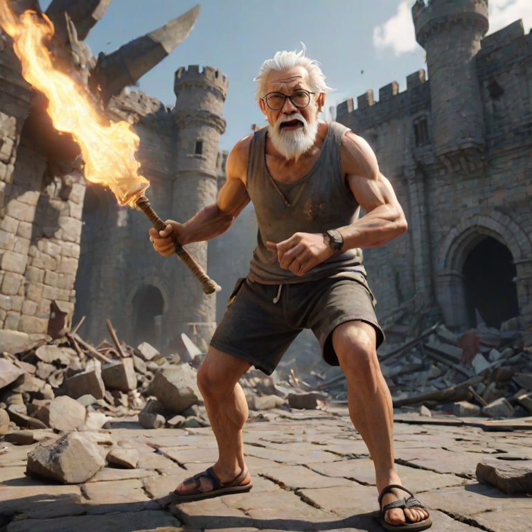 Cartoon 3D High-Resolution,dynamic battle scene using Unreal Engine 5 and Octane Render. The scene features back of an elderly, thai man with a beard,messy hair and round golden-rimmed glasses. He is wearing a tattered tank top with soot marks, shorts, and sandals. sweating. he wields a baseball bat. He jump to fight with a white fire-breathing Europe dragon amidst a partially destroyed stone castle. Include intense flames, smoke, and debris to enhance the dramatic effect.