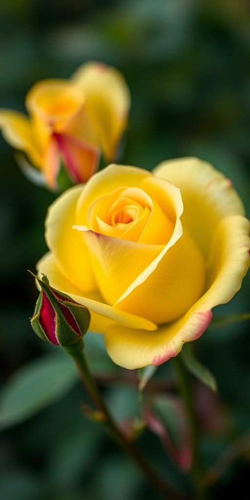 A close-up photograph of a vibrant yellow rose in full bloom with a budding rose nearby, captured using a Canon EOS R5 with a 100mm f/2.8 macro lens, aperture set to f/2.8 for shallow depth of field, ISO 200 for clarity, under soft natural light, with a blurred green background for emphasis on the flower.