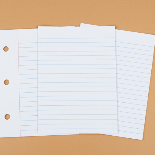 Create an image of three sheets of lined paper, with visible holes on the left side, using a DSLR camera at f/2.8 aperture, ISO 100, 50mm lens, shot from a top-down view, in natural light to enhance image quality.