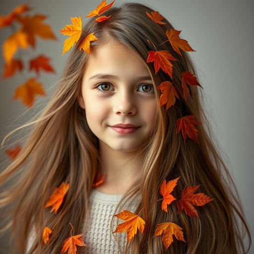 Create a portrait of a girl with long flowing hair adorned with vibrant autumn leaves, soft focus, natural light, 50mm lens, f/1.8 aperture, ISO 200, slight bokeh effect, studio setting.