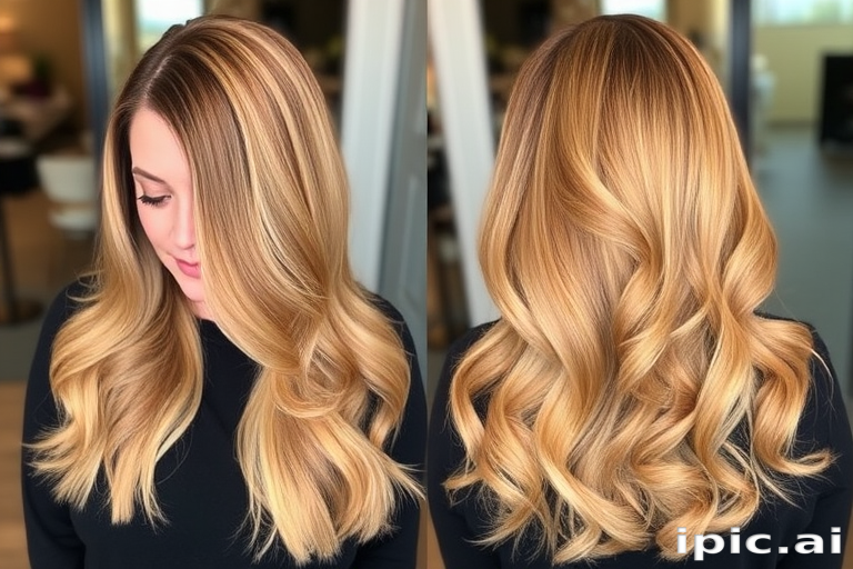 Caramel blonde balayage on long, face-framing layers, named "Golden Hour Glow," featuring a sun-kissed gradient and soft, romantic curls at the ends