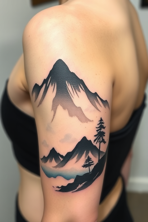 Serene "Zen Brush Stroke" tattoo concept inspired by traditional Japanese sumi-e painting, featuring fluid, expressive black ink strokes that capture the essence of natural forms such as mountains, trees, or waves, with subtle touches of pale blue or soft pink watercolor adding depth and tranquility to the composition, ideal for those seeking a tattoo that embodies mindfulness and harmony