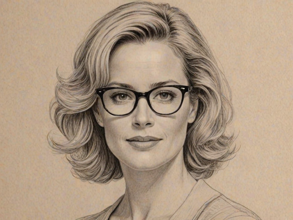 Lovely Elizabeth Shue, pencil sketch, portrait of Stunning woman 1958s in glasses, hair style beatnik, outline, clear lines, fine lines, 8k