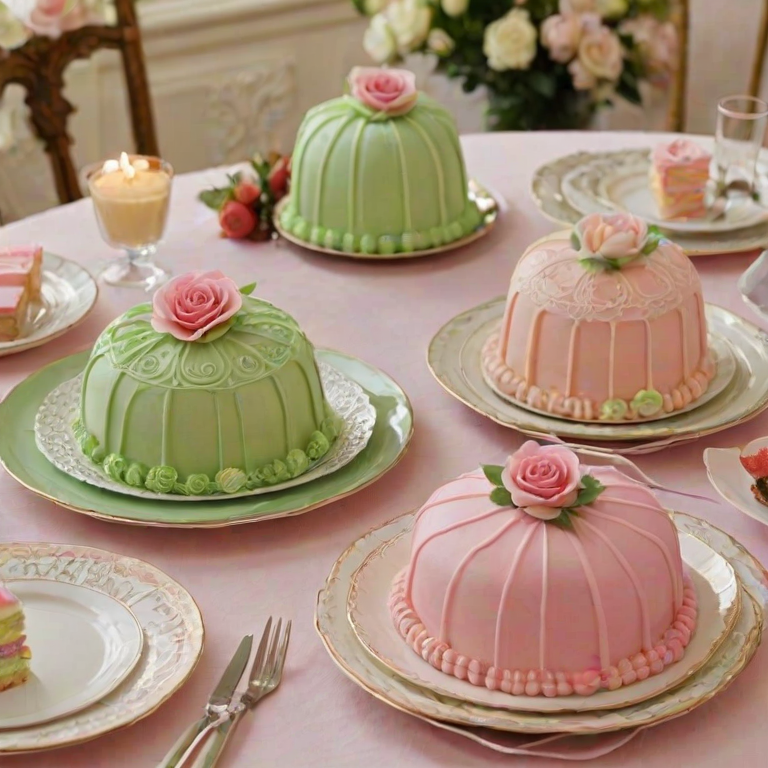 Generate an image of a beautifully arranged dessert display featuring dome-shaped cakes. The cakes are decorated with pastel-colored fondant, one in green and another in pink, each topped with a small rose. One cake is sliced to reveal layers of sponge cake, cream, and a layer of fruit filling. The cakes are placed on elegant plates with delicate designs, accompanied by forks and napkins. The setting is bright and inviting, highlighting the intricate details of the desserts.
